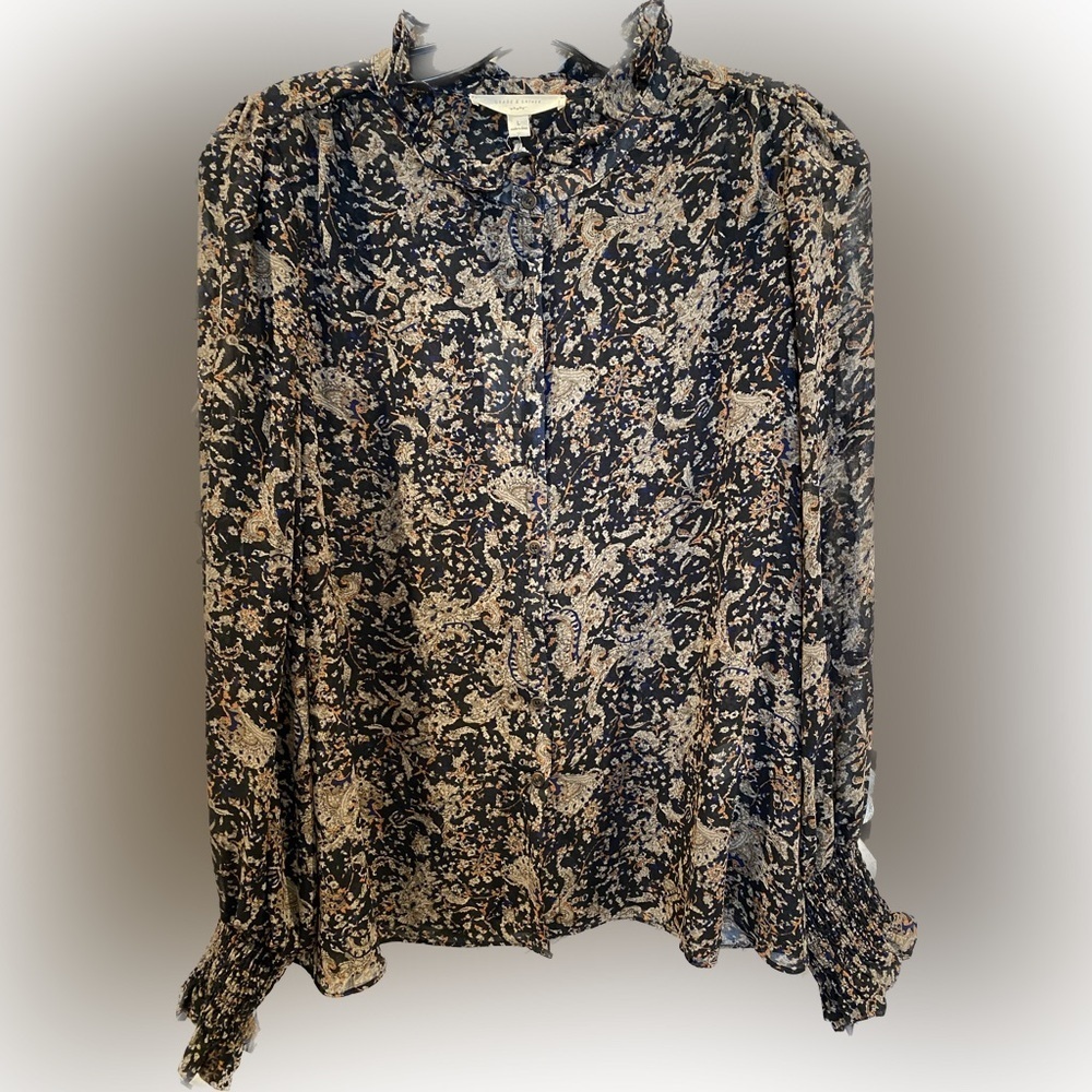 GRADE & GATHER PRINTED HIGH NECK SMOCKED CUFF TOP
